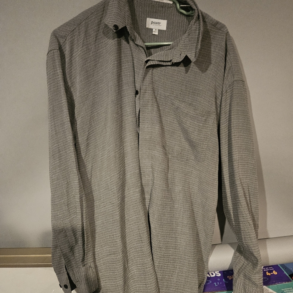 Pavo by Lastrada Mens Shirt Sz Medium Gray Button Up Rayon Blend Band Collar